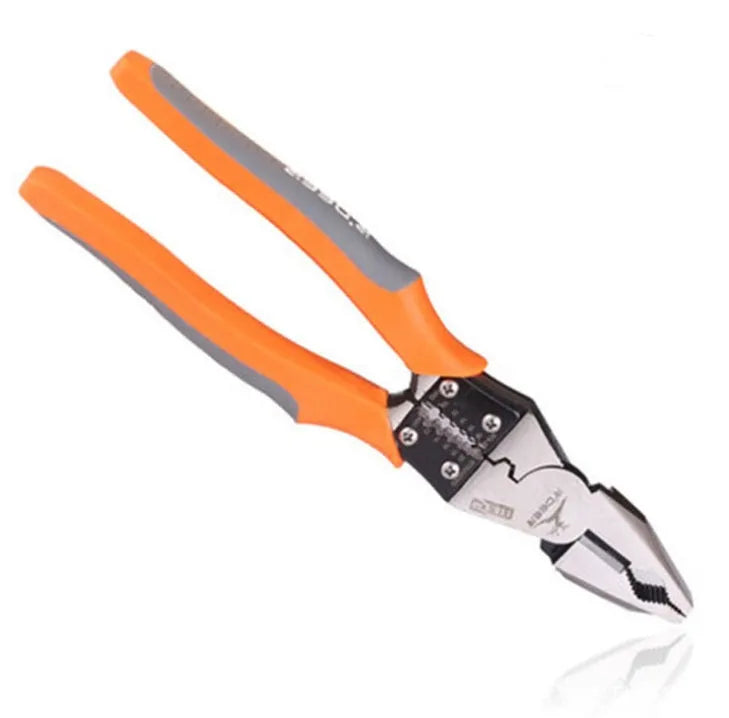 Orange-handled multi-function wire cutter pliers with forged steel jaws for cutting and stripping wire