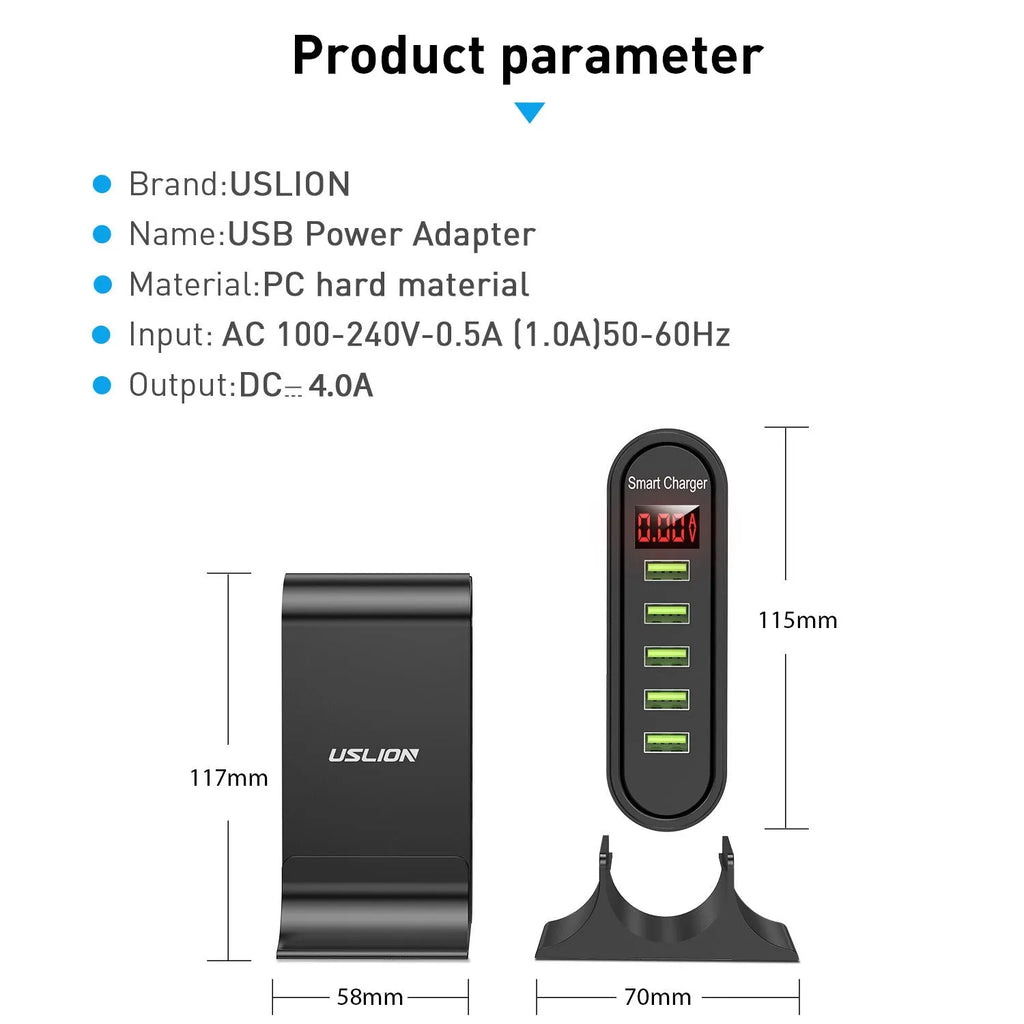 Smart LED digital display charger showing voltage readings with USB port and optional plug styles