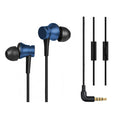 Piston-style wired in-ear headphones with a 3.5mm plug, shown in black, blue and red colour options.