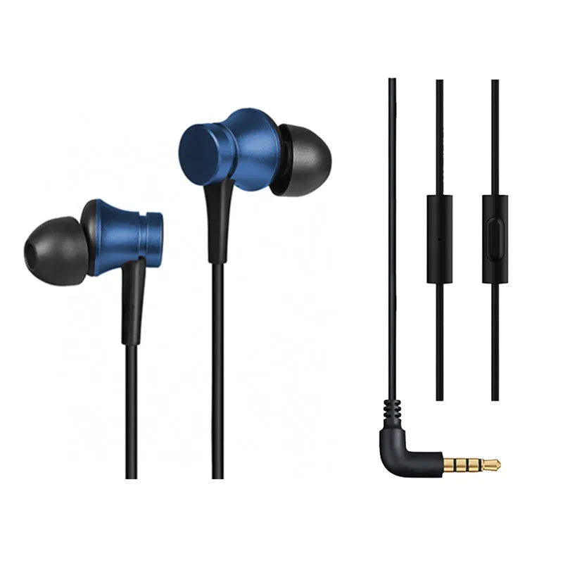 Piston-style wired in-ear headphones with a 3.5mm plug, shown in black, blue and red colour options.