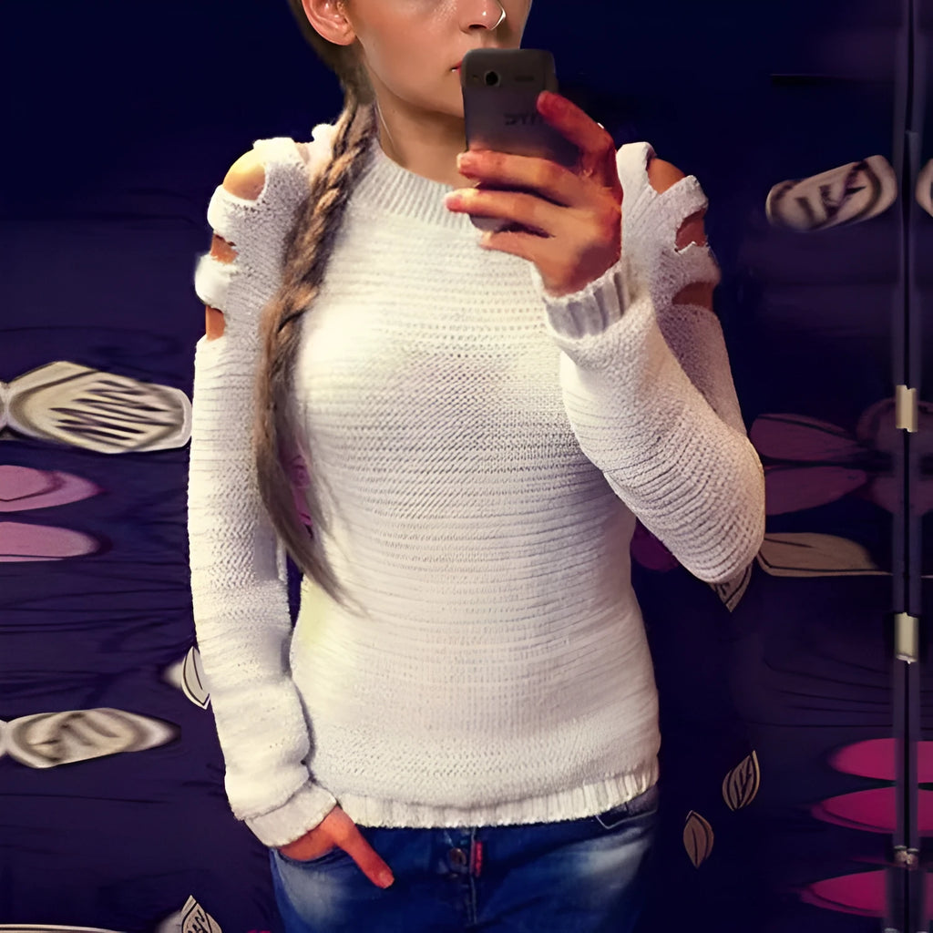Women's white crocheted hollow-out knit shirt with round neck and long sleeves