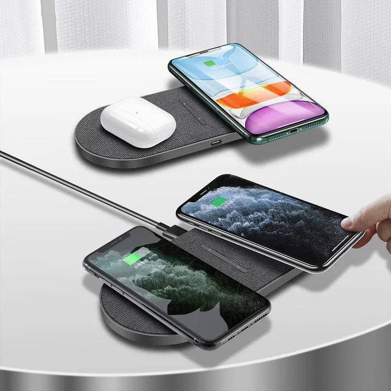 Black wireless charger pair with two charging pads for simultaneous phone and earbuds charging