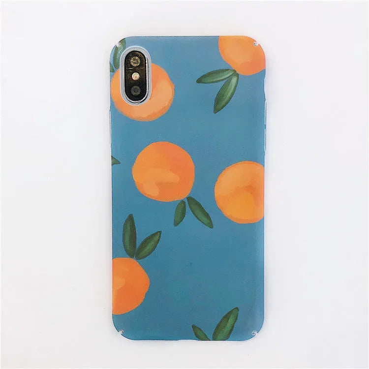 Orange retro plastic back cover phone case for iPhone on a blue and water background.