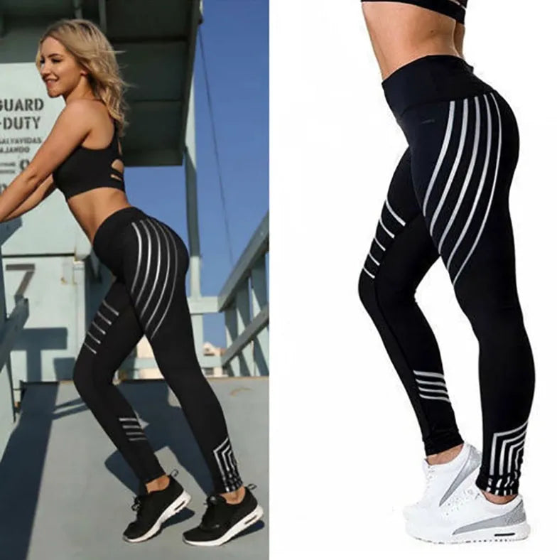 Women's black and white workout leggings with night glowing print, showing slim fit pencil pants style.