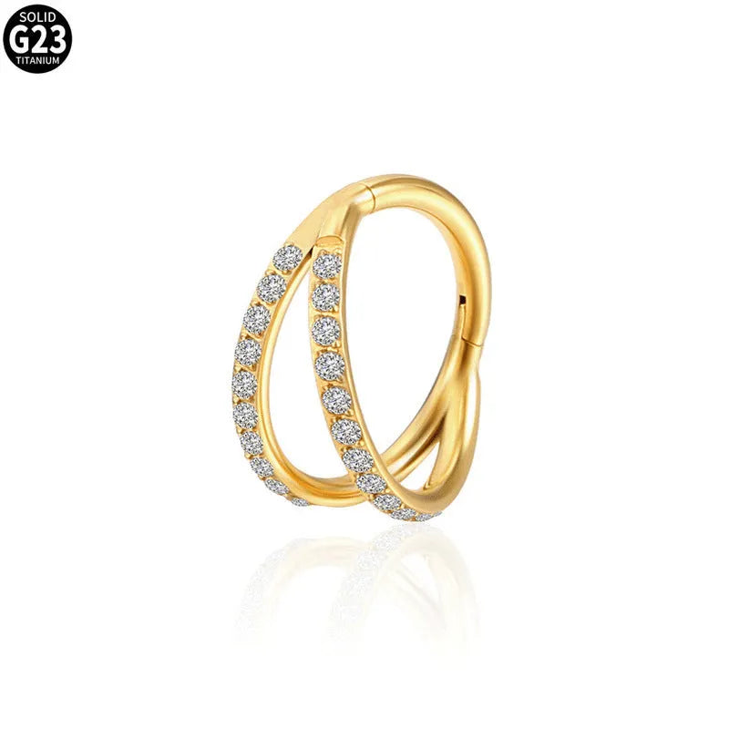 G23 titanium alloy nose ring and earring with zircon crystal treatment in gold or steel colour finish