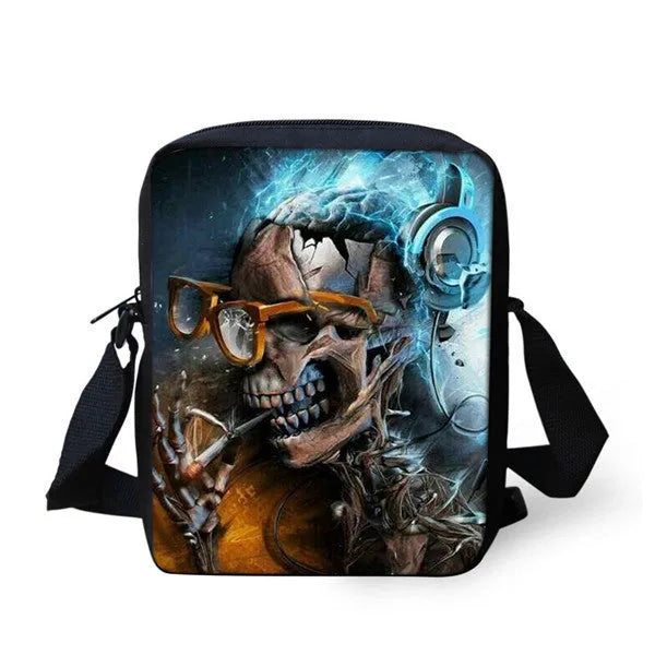 Children's medium messenger bag with skull character patterns showing double shoulder straps and zipper opening