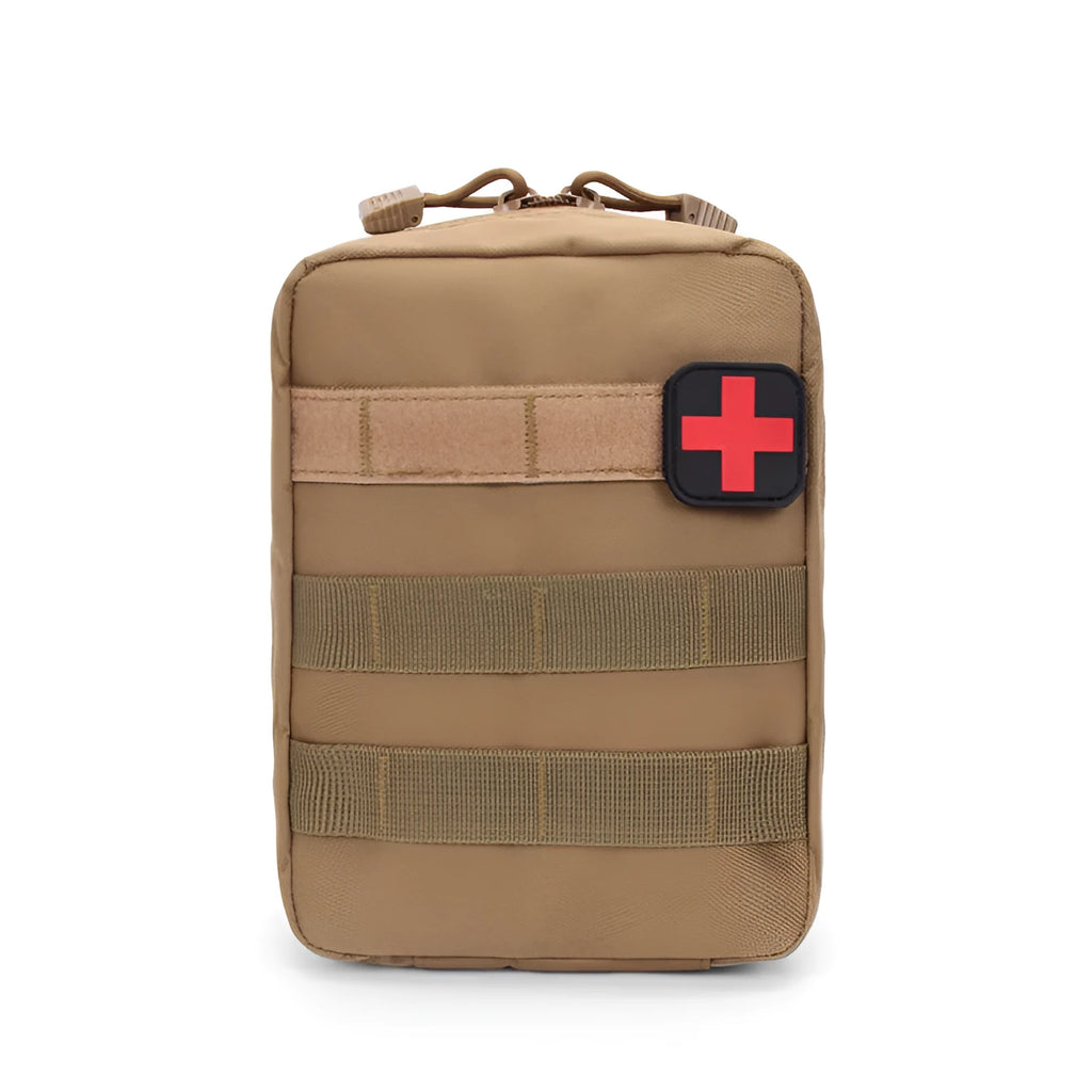 Army green tactical nylon medical pouch with Velcro strap, dimensions 15cm by 21cm by 11cm.