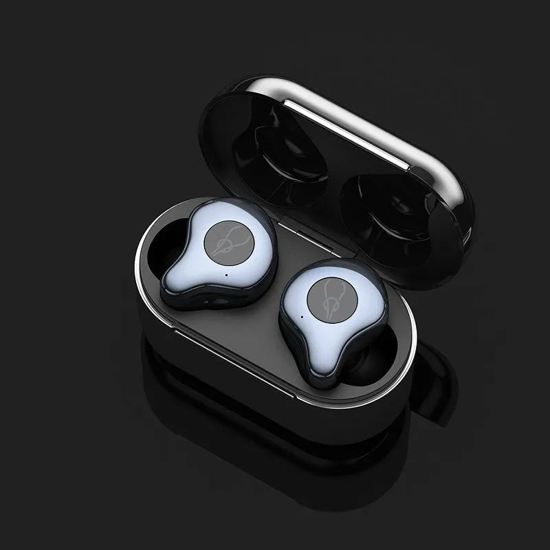 Wireless TWS Bluetooth earbuds in a charging case, shown in one of six colour options: Coffee, Coppery, Grey, Purple, Red, or Silver.