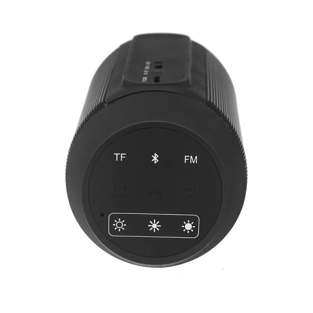 Black and white mini portable Bluetooth speaker with colourful RGB lights surrounding its base.