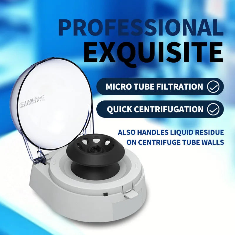 Small white laboratory mini centrifuge unit on a benchtop.