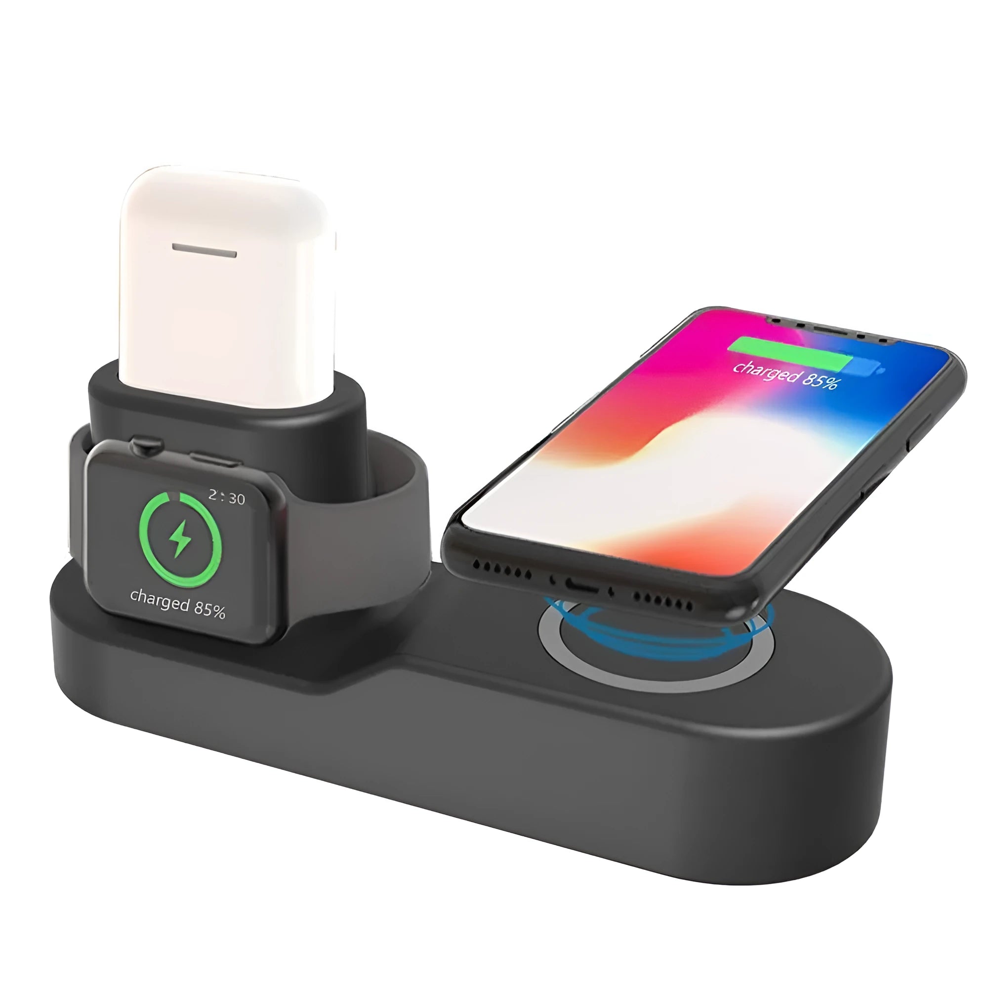 Black and white 3-in-1 wireless charging station with detachable Apple Watch charger on a wooden desk
