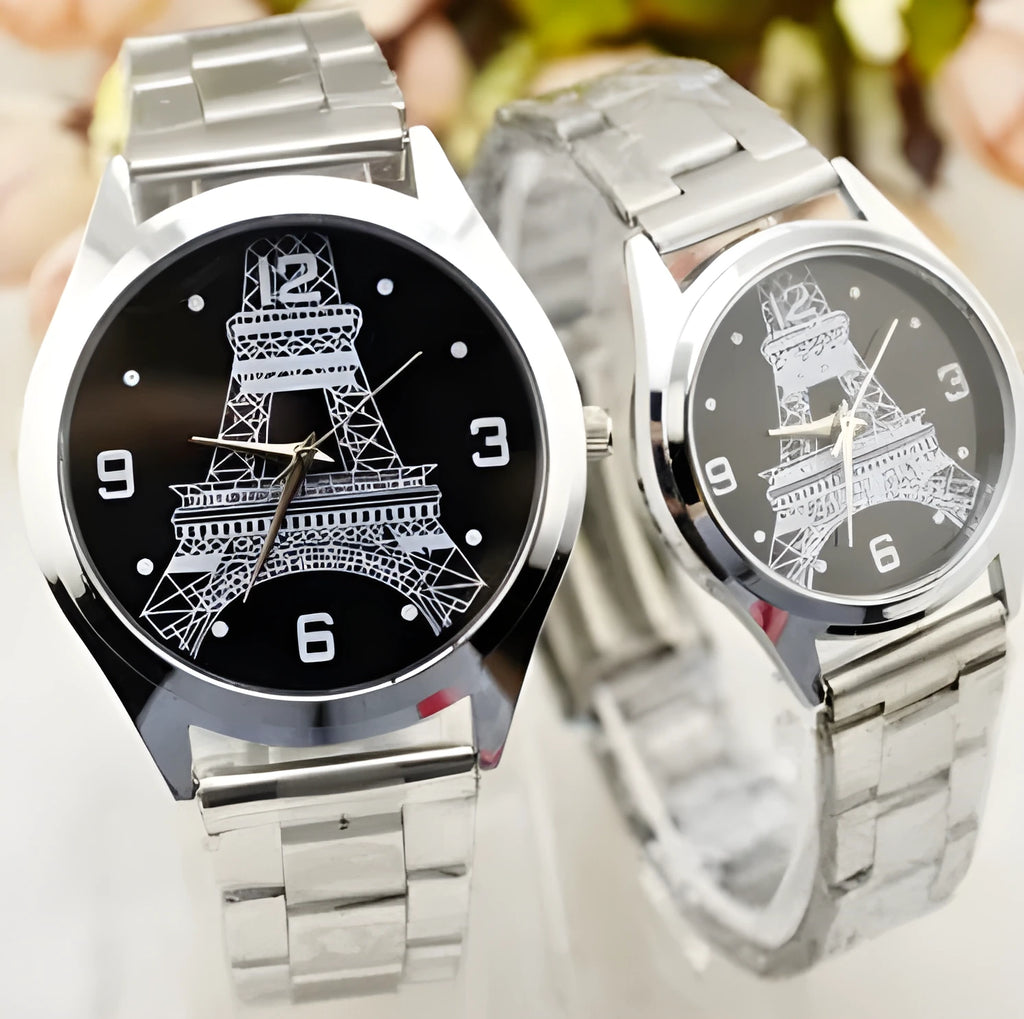 Eiffel Tower analogue wrist watch with black leather strap and Paris-themed dial.