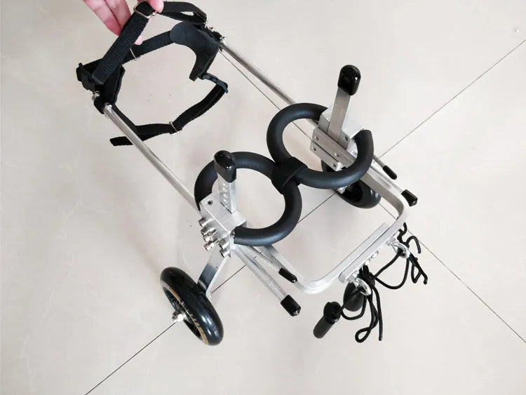 Black fully adjustable dog wheelchair for small to medium dogs, sizes XXS to S.