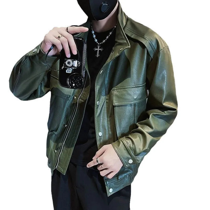 Men's black Korean-style pilot leather jacket with side pockets and straight hem design