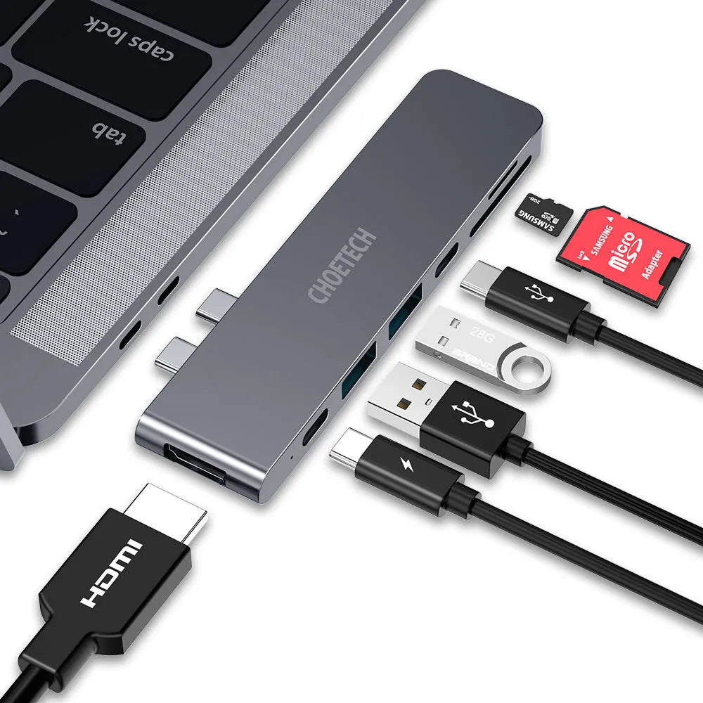 USB C adapter with SD card reader showing Thunderbolt 3, USB 3.0, HDMI and charging ports