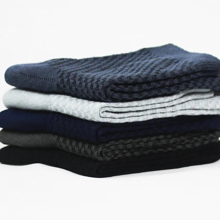 Men's bamboo fibre socks with a small square pattern in black, grey blue, iron grey, navy blue, and silver grey.