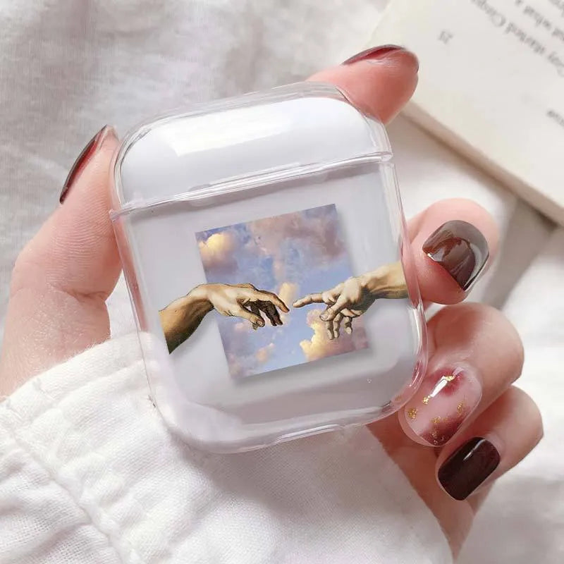 Transparent plastic protective cover for Apple AirPods case on a table.