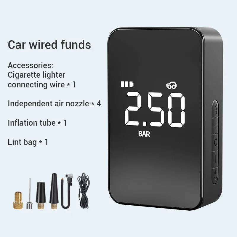 Compact wireless digital tyre inflator with LED display showing pressure reading