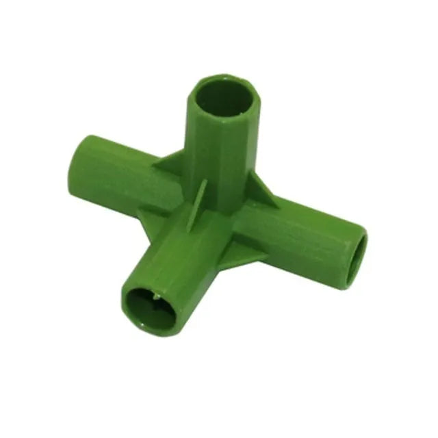 White PP plastic 3-way and 4-way garden plant support connectors for 11mm stakes.