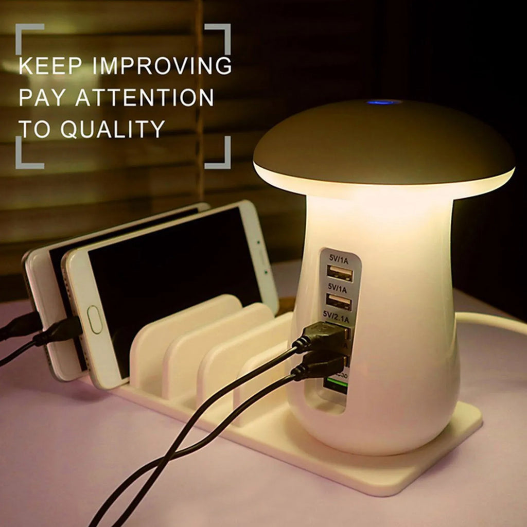 White mushroom LED desk lamp with 5-port USB charging dock station for phones and tablets