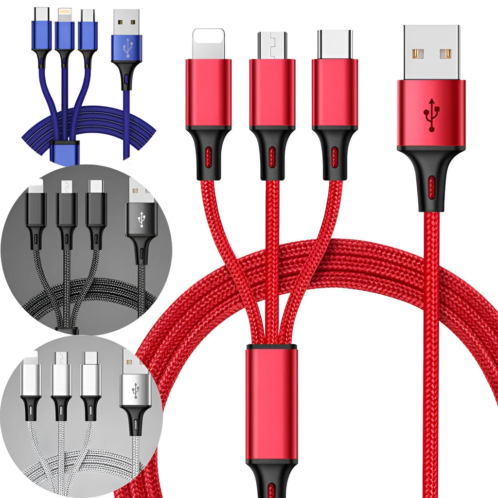 Braided 3-in-1 universal USB charging cable with aluminium connectors in multiple colours