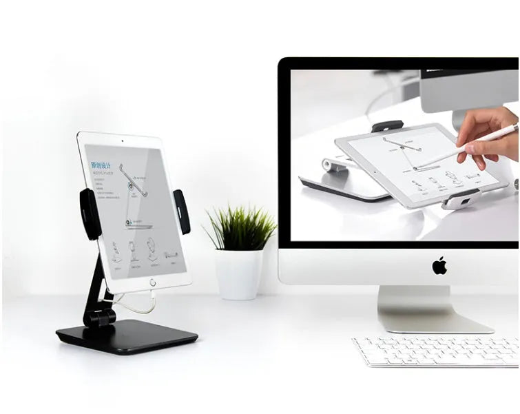 Aluminium folding desktop phone and tablet holder with 360-degree rotation in silver colour