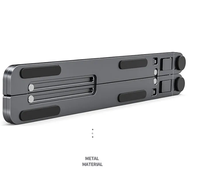 Aluminium laptop stand folded flat next to an open laptop showing adjustable height settings.