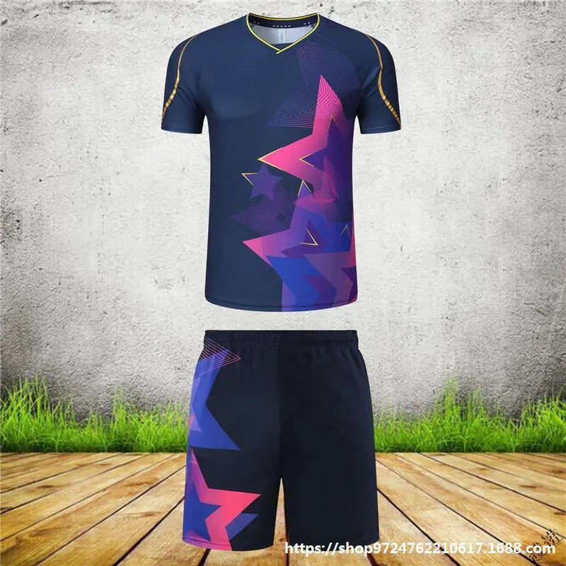 Men's and women's badminton competition sportswear set with short-sleeved polyester jacket and matching trousers.