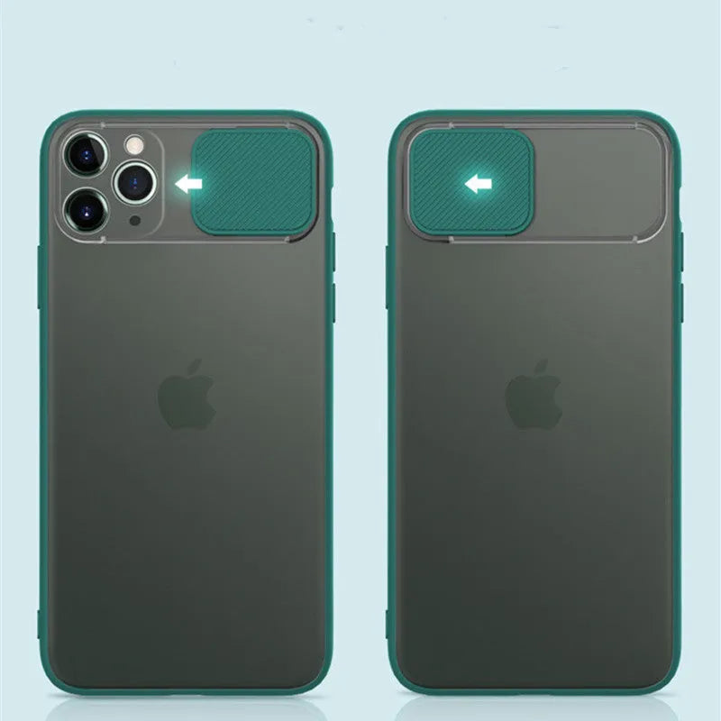 Lens sliding iPhone case in multiple colours showing PC and TPU construction.