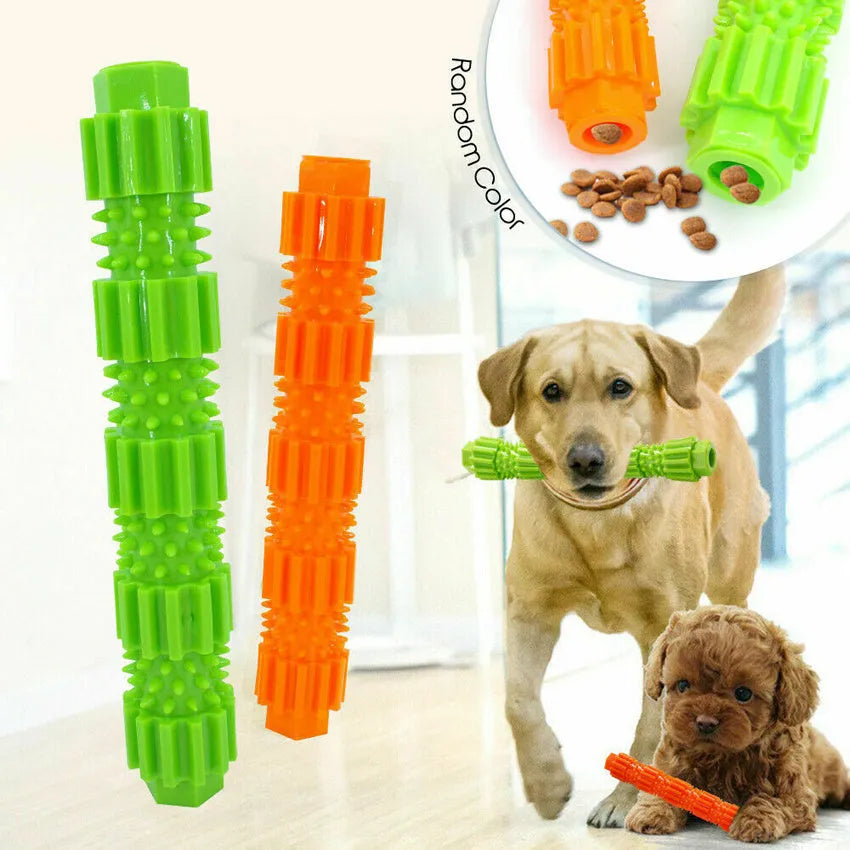 Green and orange durable rubber dog chew toy with treat dispenser for aggressive chewers