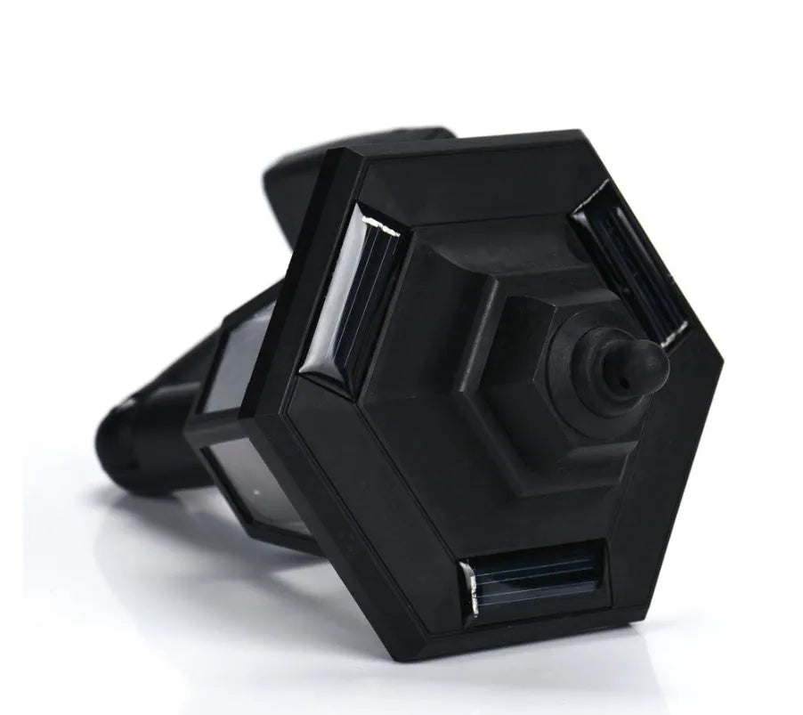 Black hexagonal solar-powered LED wall light with light sensor for outdoor garden use
