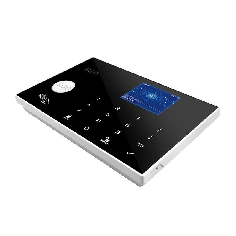 Intelligent WiFi GSM Touch Button Household Alarm Host unit with display and touch controls.