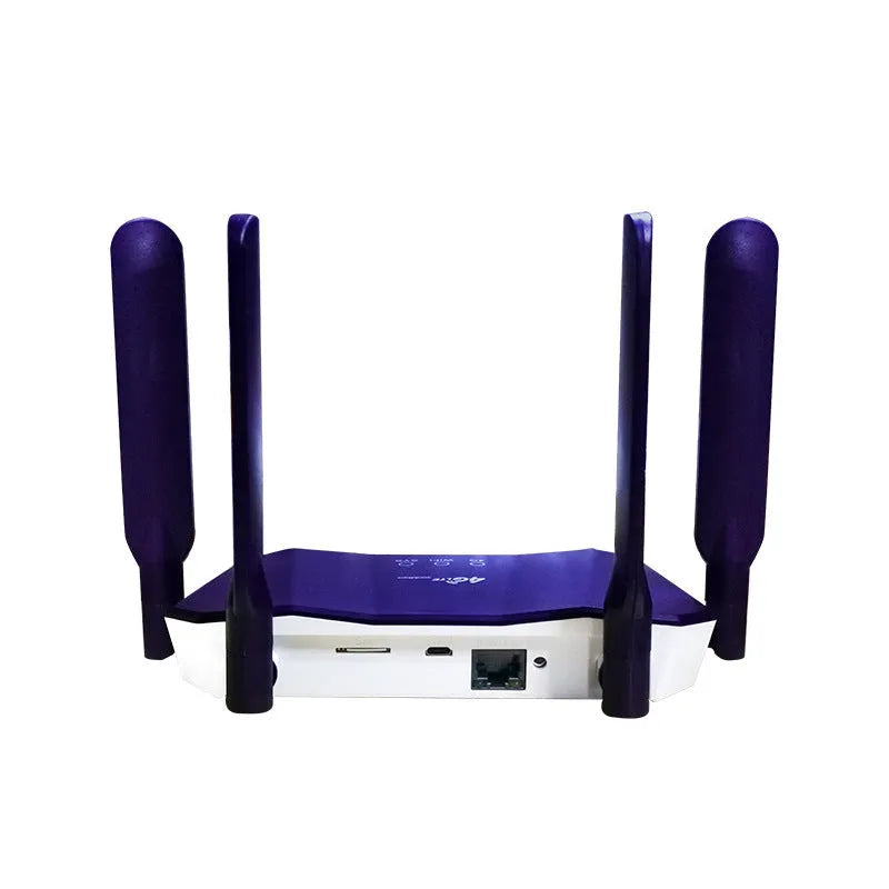 Blue 4G dual-mode router with four antennas showing front panel and connectivity ports