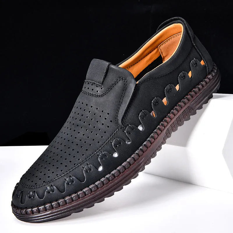 Men's brown slip-on casual shoes with a round toe and flat heel