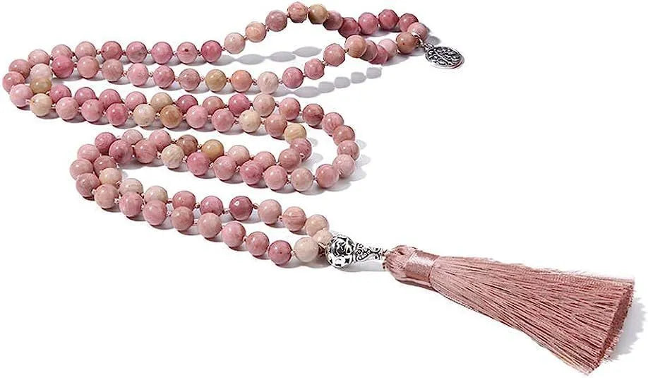 Handmade stone beaded necklace with 108 knotted 8mm beads in various natural colours on a 81cm strand