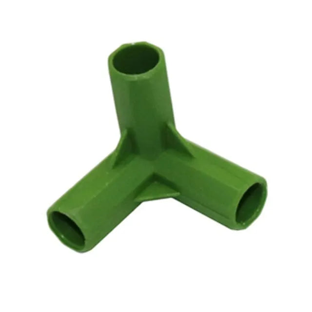 White PP plastic 3-way and 4-way garden plant support connectors for 11mm stakes.