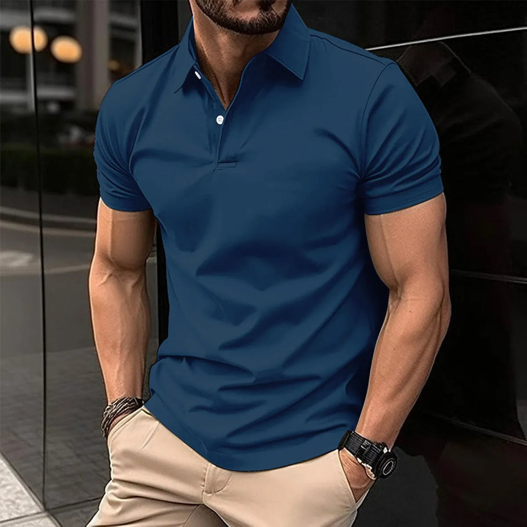 Men's solid colour short sleeve polo shirt with button lapel, shown in multiple colour options.
