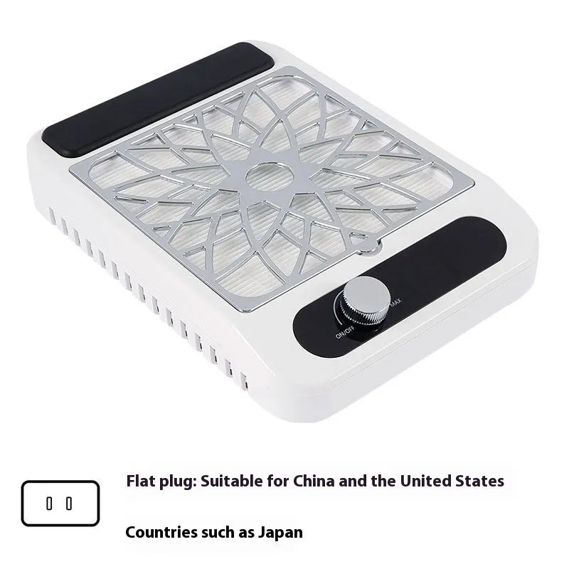 White nail dust collector vacuum with adjustable speed dial and filter net for nail art