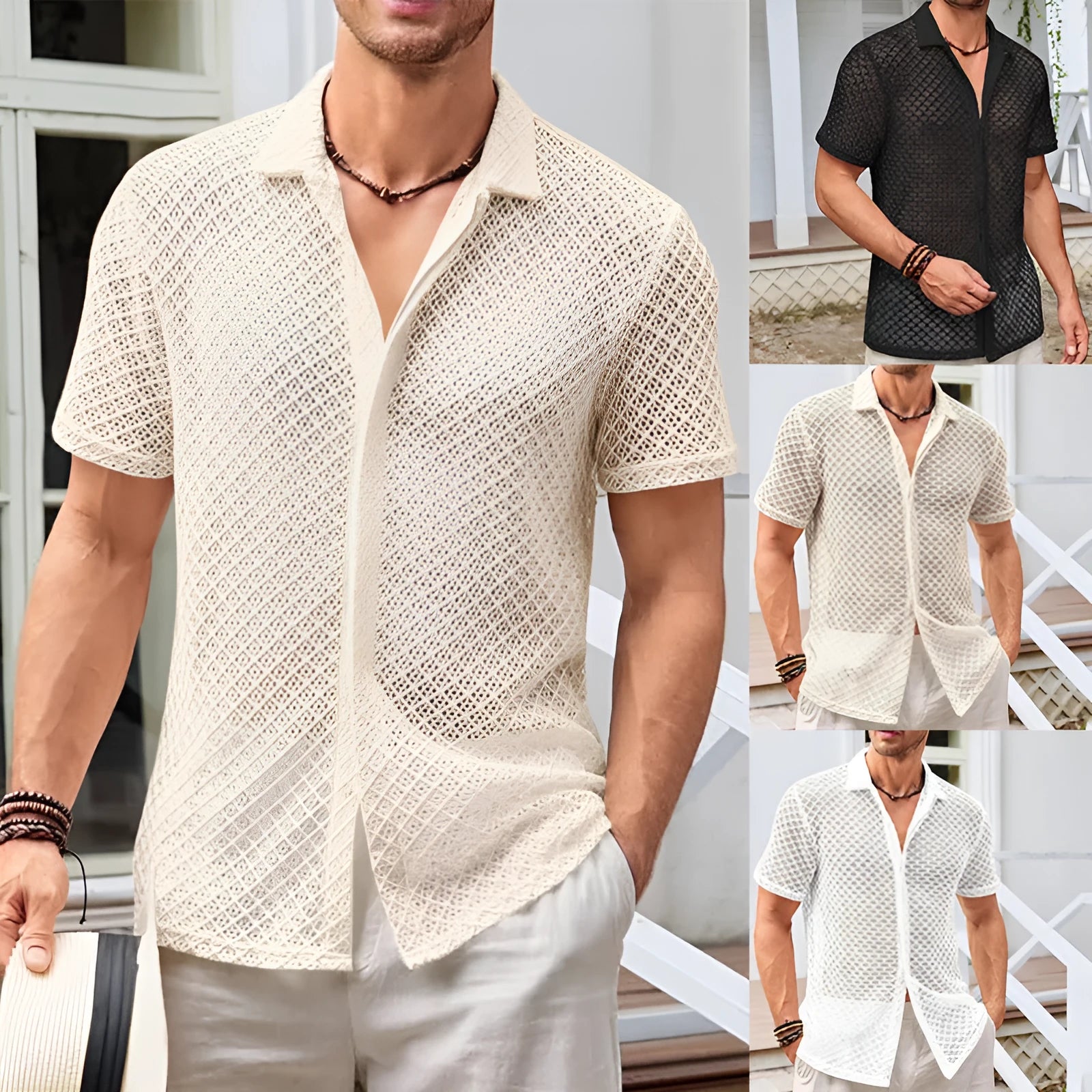 Men's cotton blend mesh short sleeve shirt with lapel collar in solid colour options