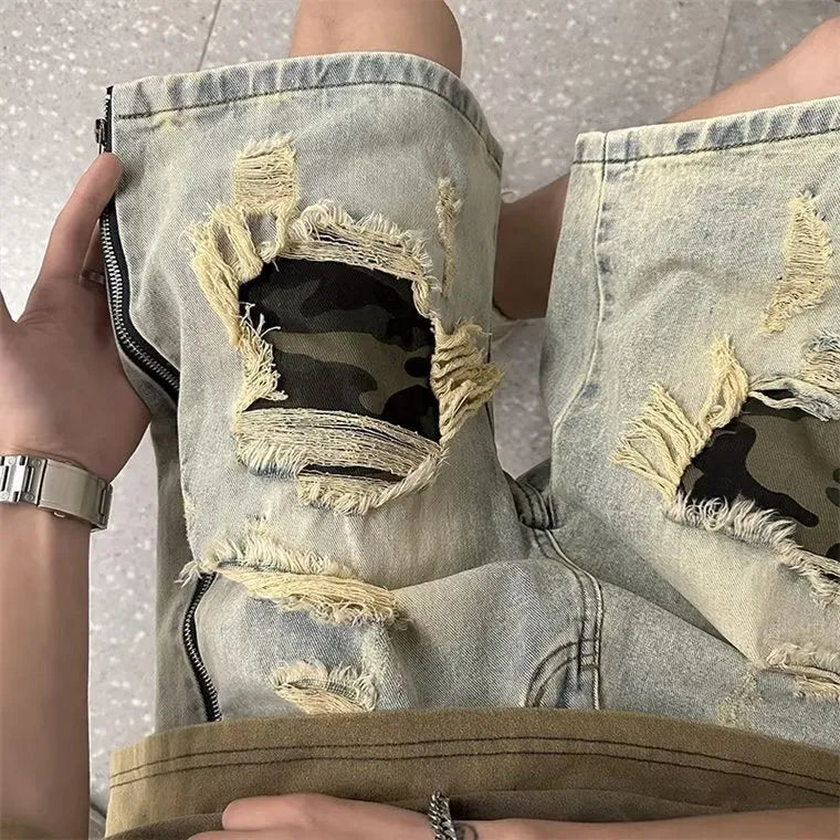 Men's camouflage denim shorts with ripped distressed detailing in straight leg Korean style cut