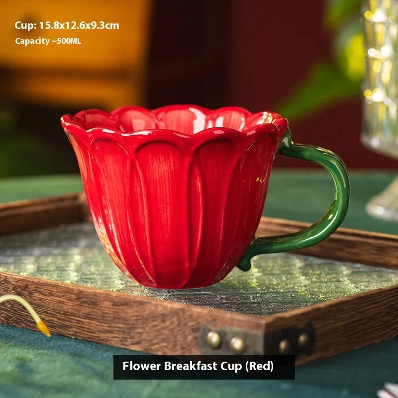 Ceramic breakfast cup with floral pastoral pattern showing 500ml capacity and red or purple colour options