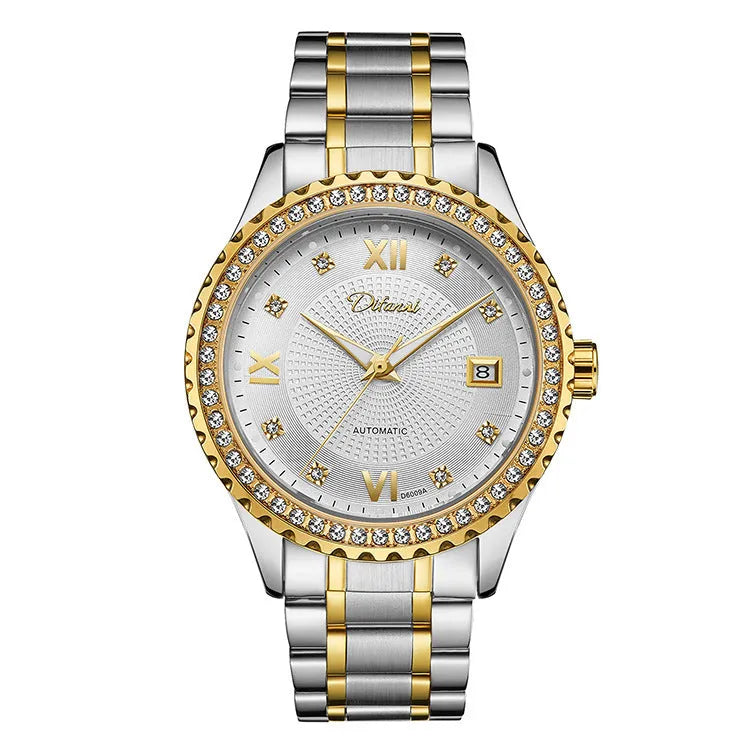 Automatic mechanical watch with luminous markers on black dial in gold case, side view showing 13mm thickness