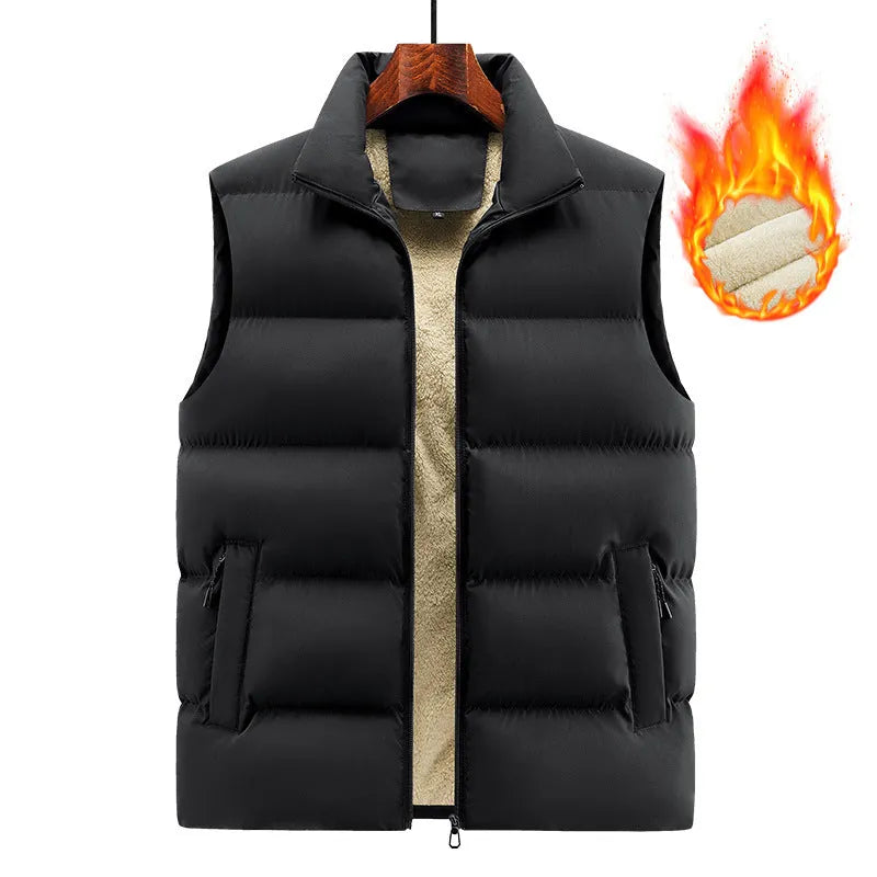 Men's black, dark blue, and red striped lambswool vest for autumn and winter.