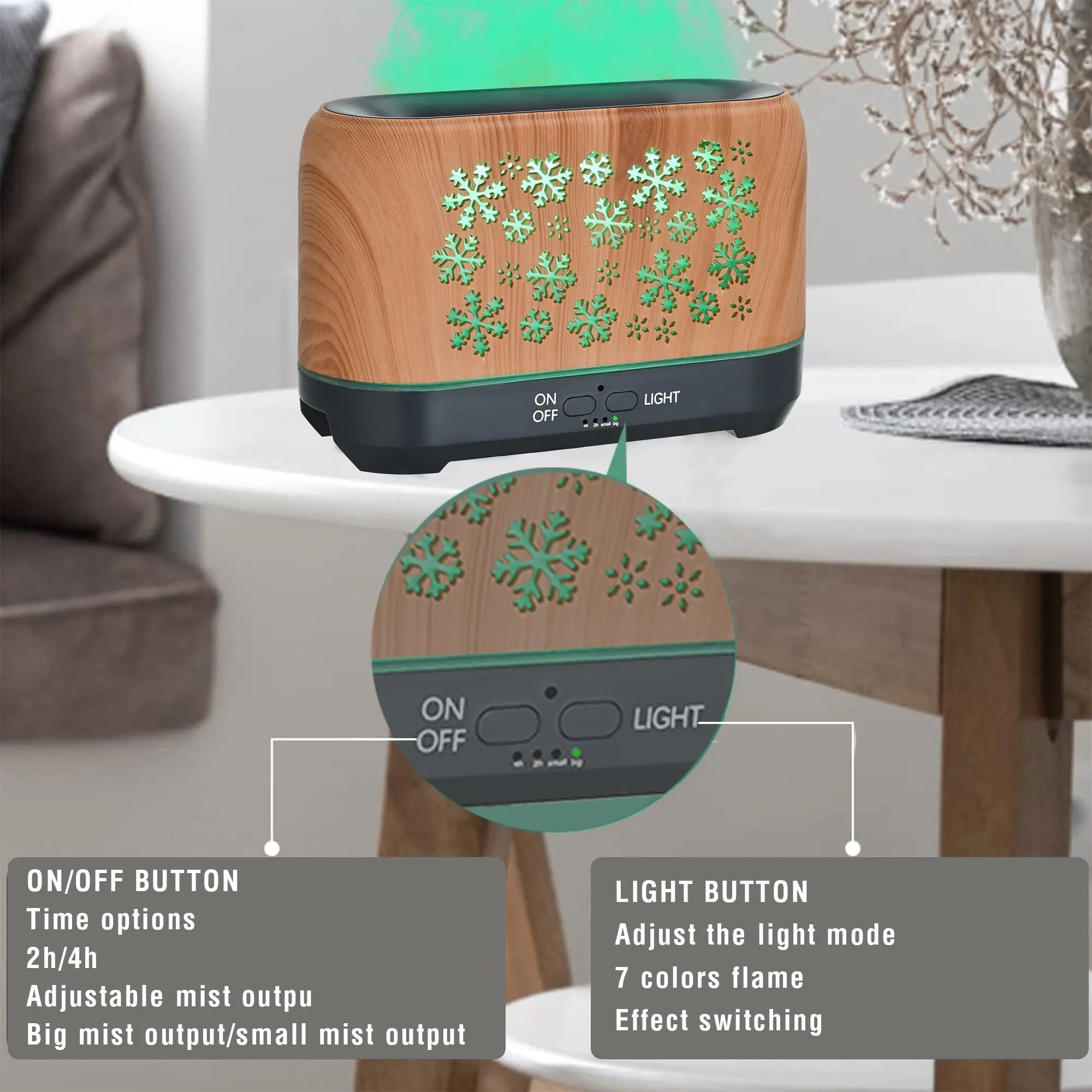 Square snowflake pattern humidifier with colourful flame effect and remote control on desktop