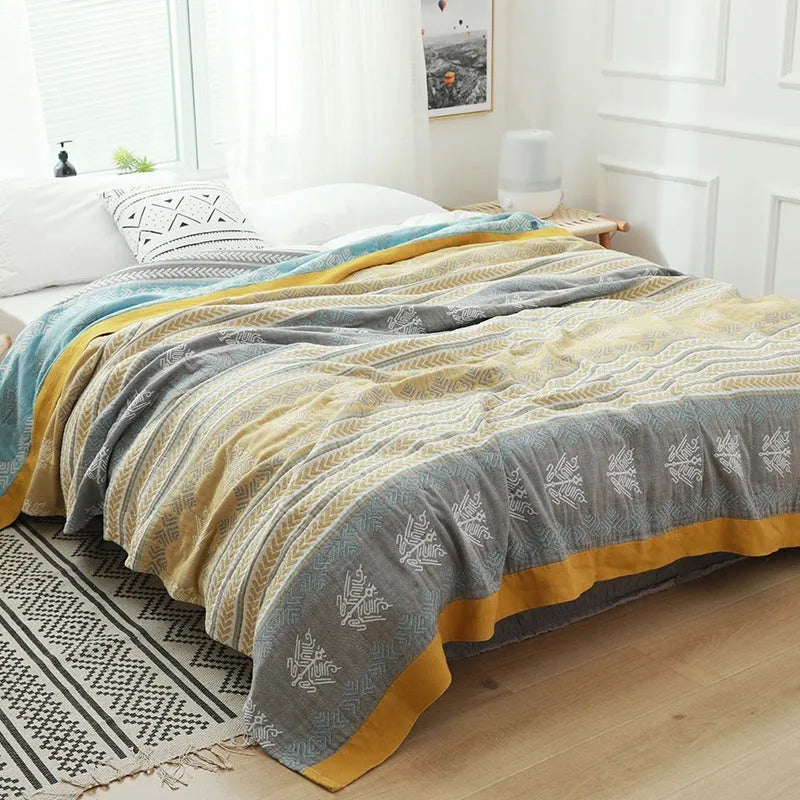 Pure cotton five-layer gauze bed sheet blanket in roulette wheel blue pattern showing textured surface