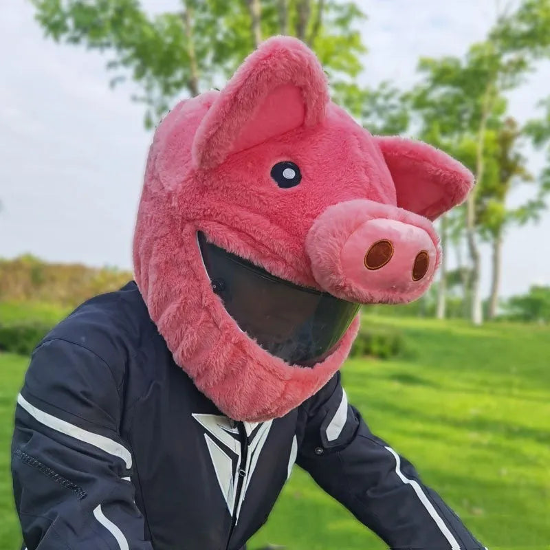 Pink pig cartoon design plush protective hood for motorcycle helmet storage