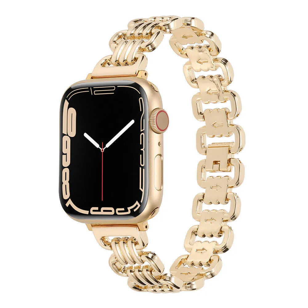 Metal alloy Apple Watch bracelet in silver colour showing band details and connector