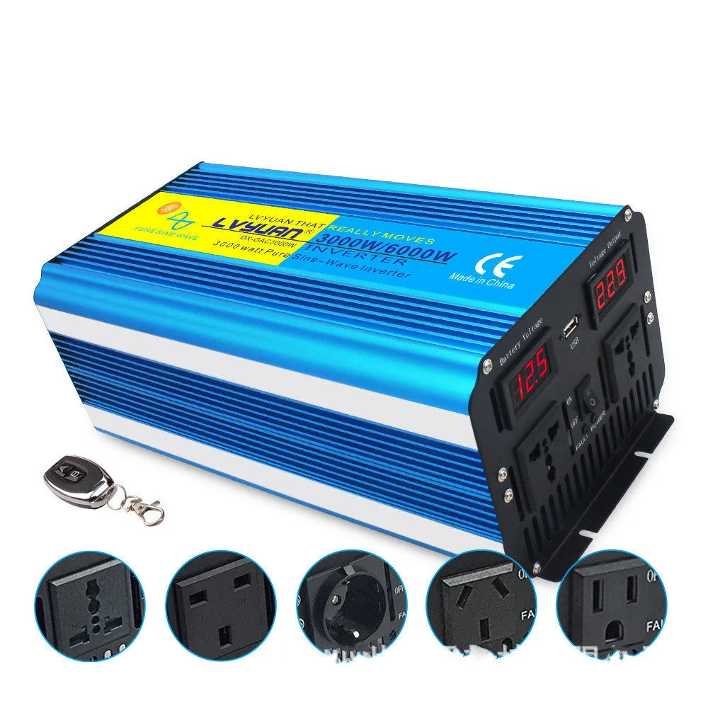 Blue 3000W pure sine wave power inverter with digital display and UK socket