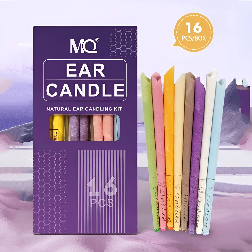 Horn-shaped ear candle set with 16 cotton candles, 8 protection boards, and 16 swabs in eight colour variations