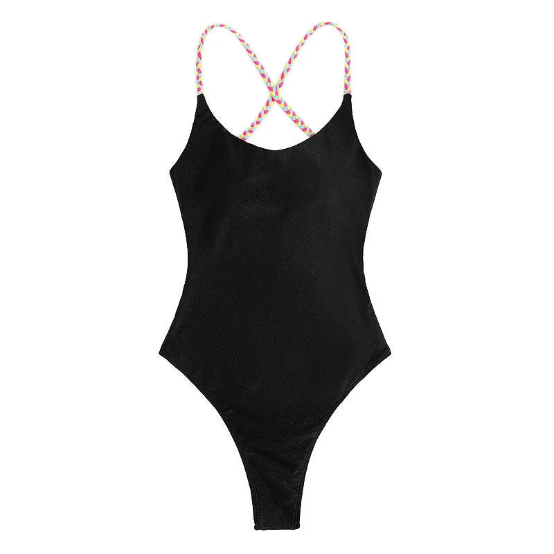 Black solid colour backless one-piece swimsuit on mannequin showing sleeveless design
